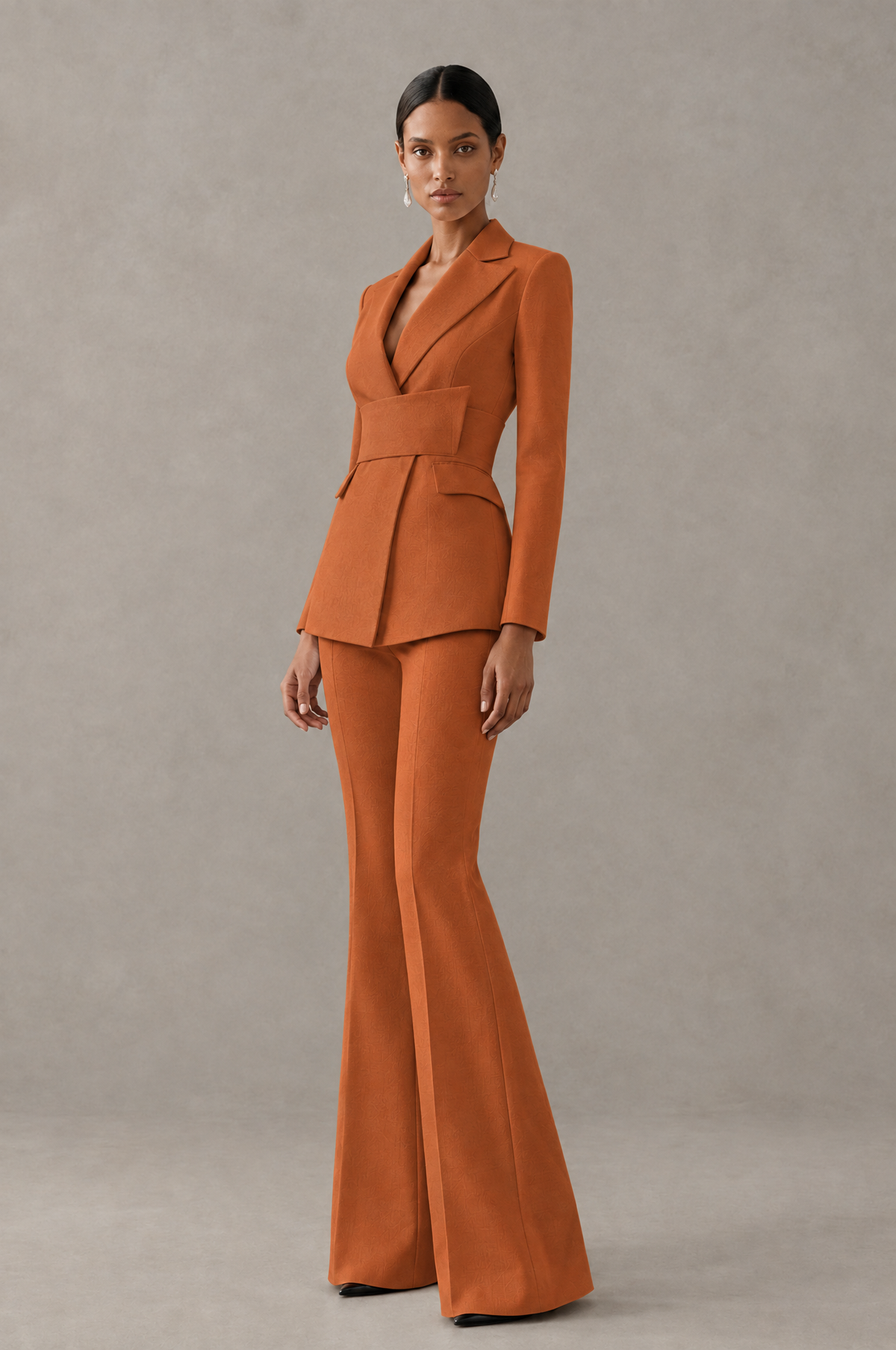 BOLODOO Burnt Orange Two-Piece Pantsuit with Tailored Blazer & Flared Pants - Burnt Orange - Burnt Orange (4)