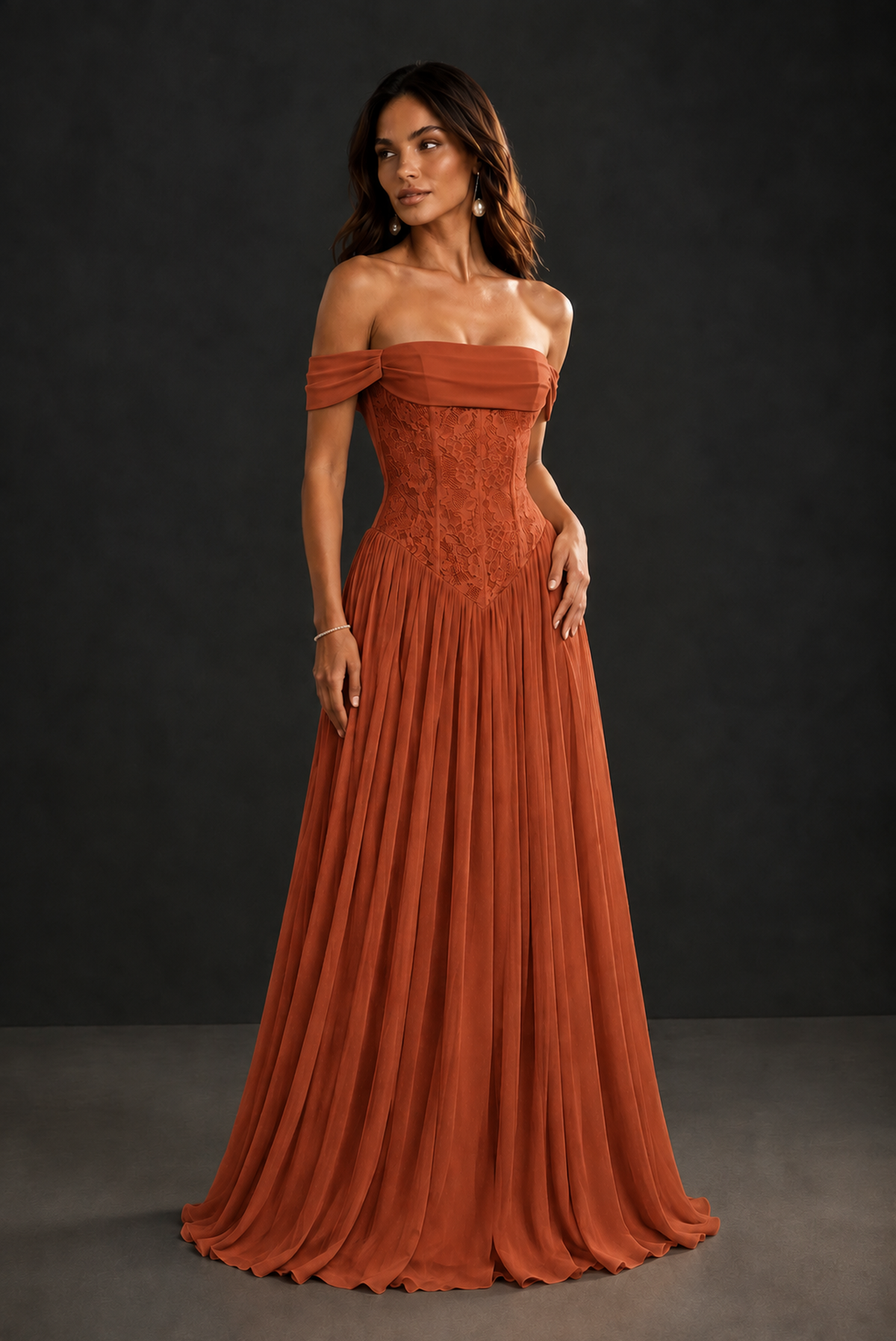 BOLODOO Burnt Orange Off-Shoulder Lace Corset Tulle Maxi Dress - Burnt Orange
