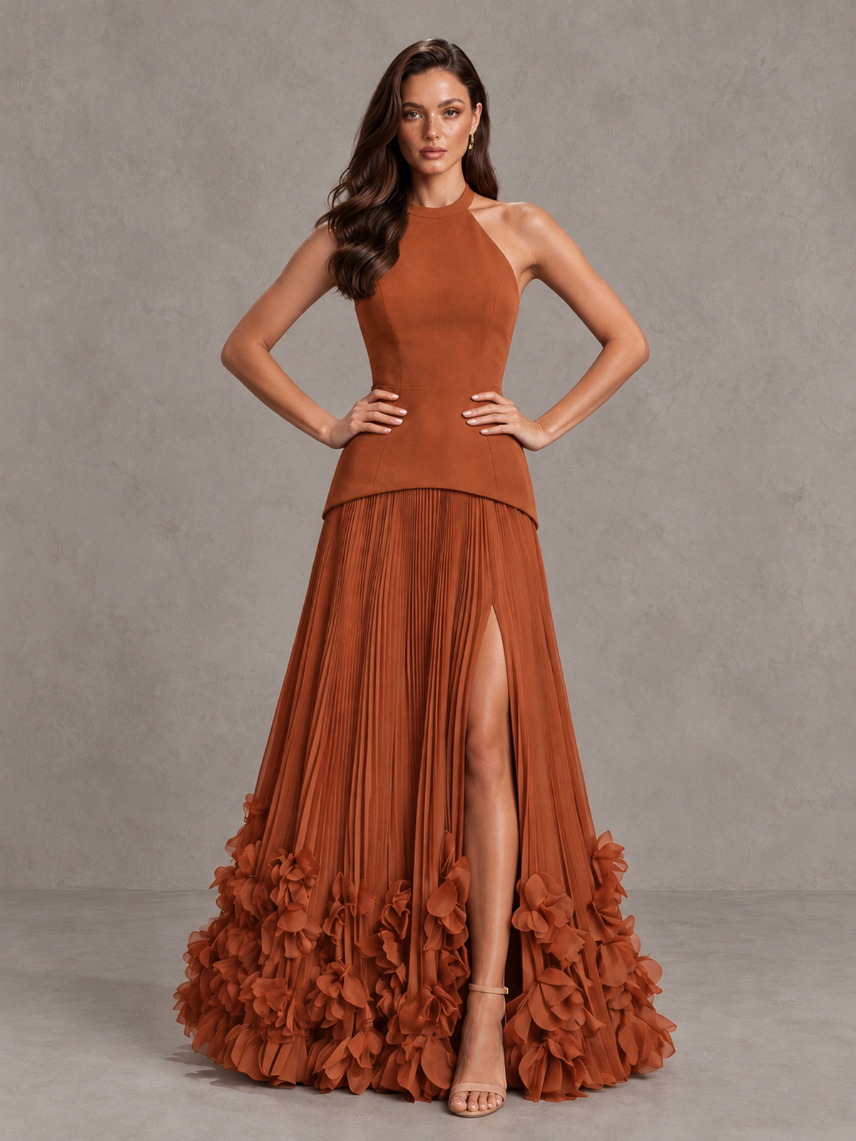 BOLODOO Burnt Orange Halter Neck Floor-Length Evening Gown with High Slit & 3D Floral Hem - Burnt Orange - Burnt Orange (4)