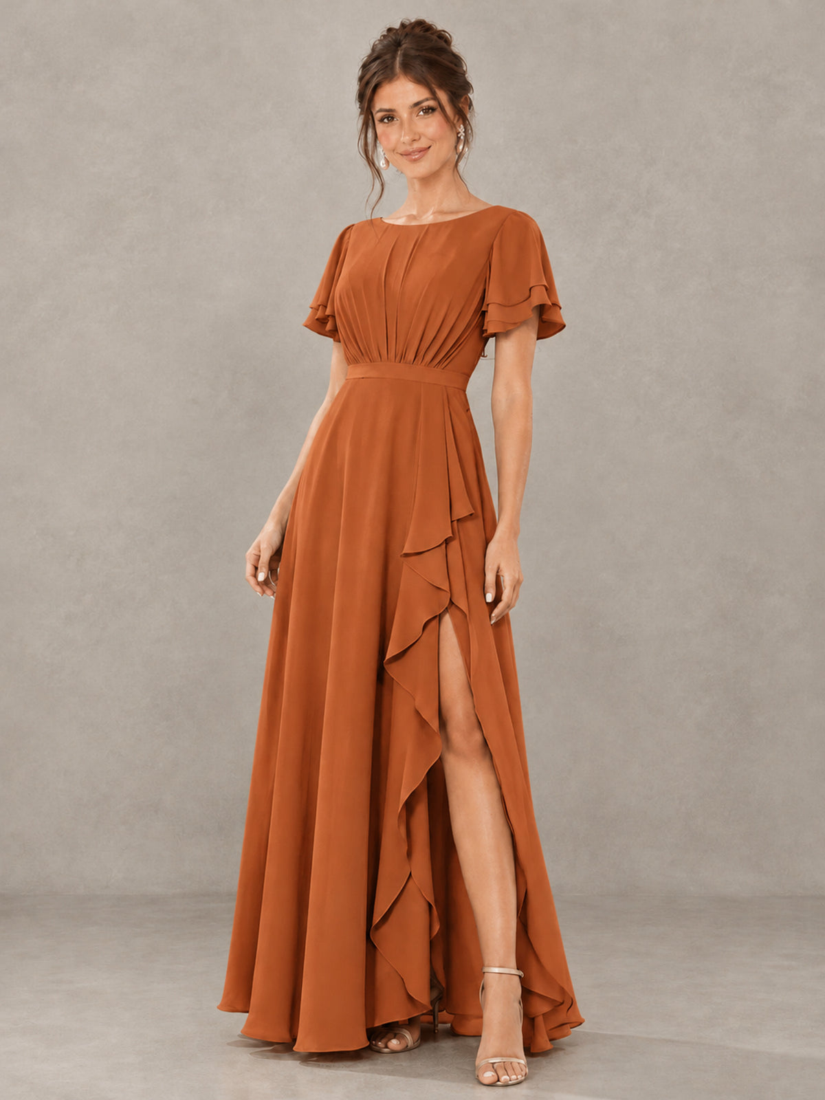 BOLODOO Burnt Orange Flutter Sleeve Ruffle Bridesmaid Dress with Slit - Burnt Orange - Burnt Orange (4)