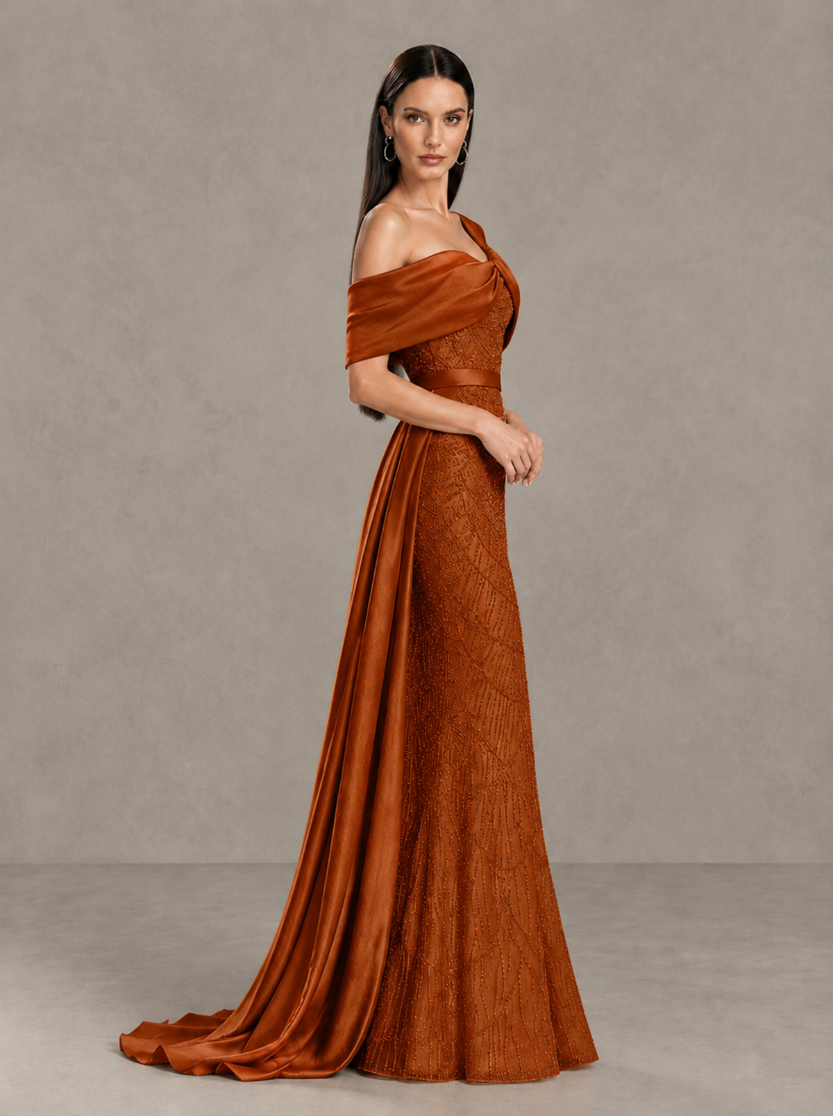 BOLODOO Burnt Orange Asymmetric Draped Mermaid Evening Gown with Train - Burnt Orange - Burnt Orange (4)