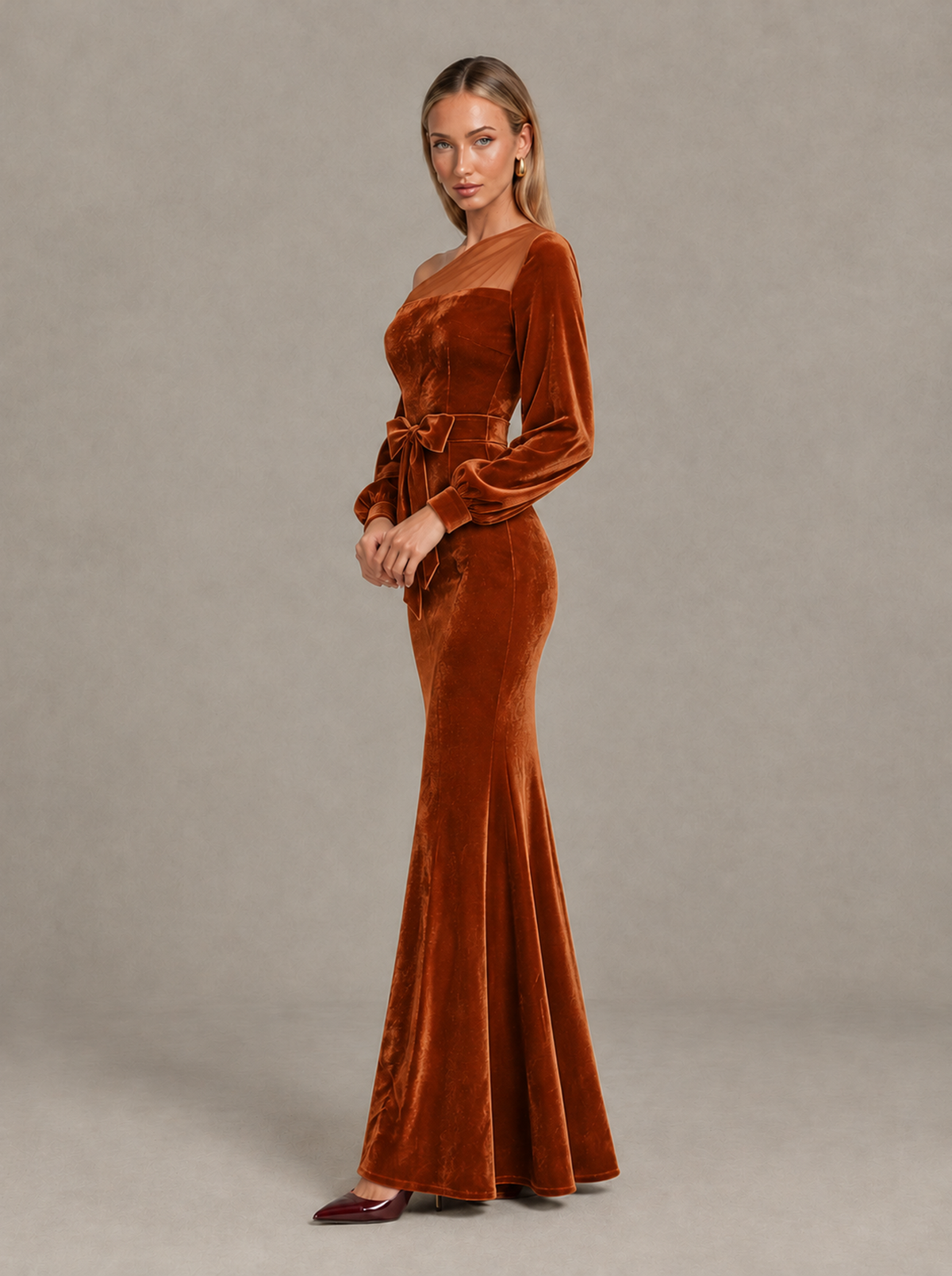 BOLODOO Burnt Orange Velvet Mermaid Evening Dress with Long Sleeves - Burnt Orange - Burnt Orange (4)