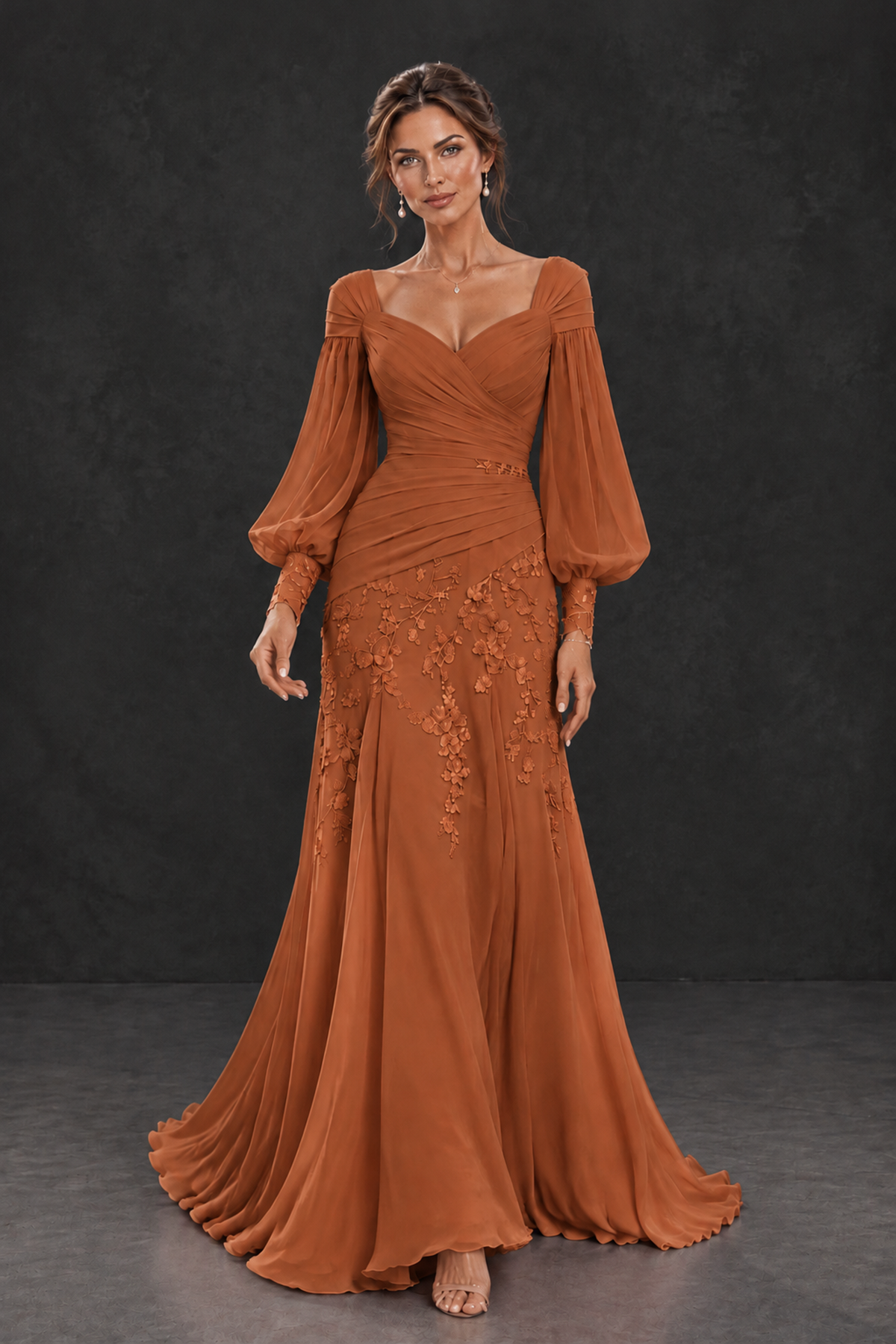 BOLODOO Burnt Orange Long Sleeve Mother of the Bride Dress with Floral Appliqués - Burnt Orange - Burnt Orange (4)