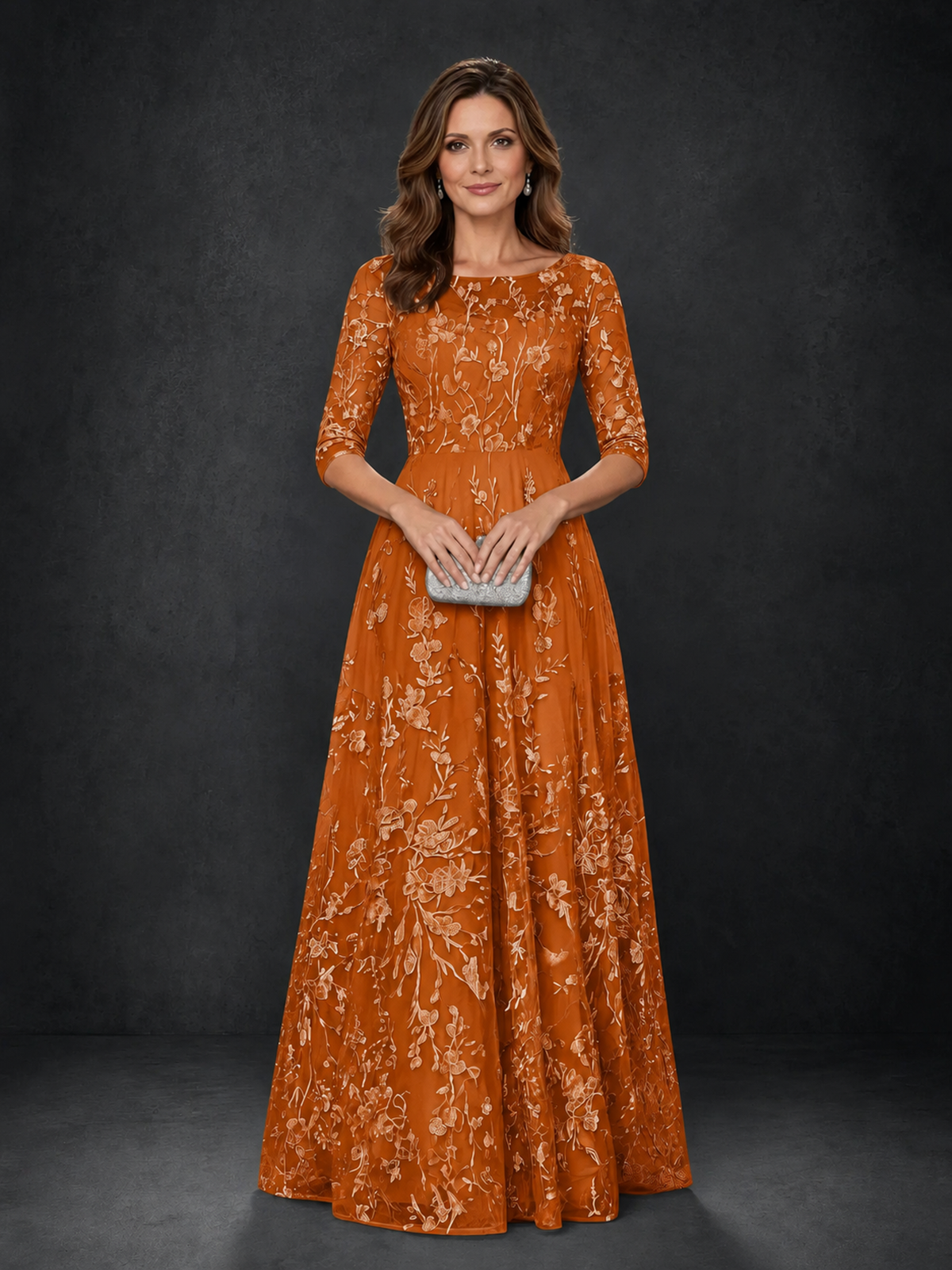 BOLODOO Wisteria Burnt Orange Illusion Bateau Neck 3/4 Sleeve Floral Lace A-Line Mother of the Bride Dress MX007 - Burnt Orange