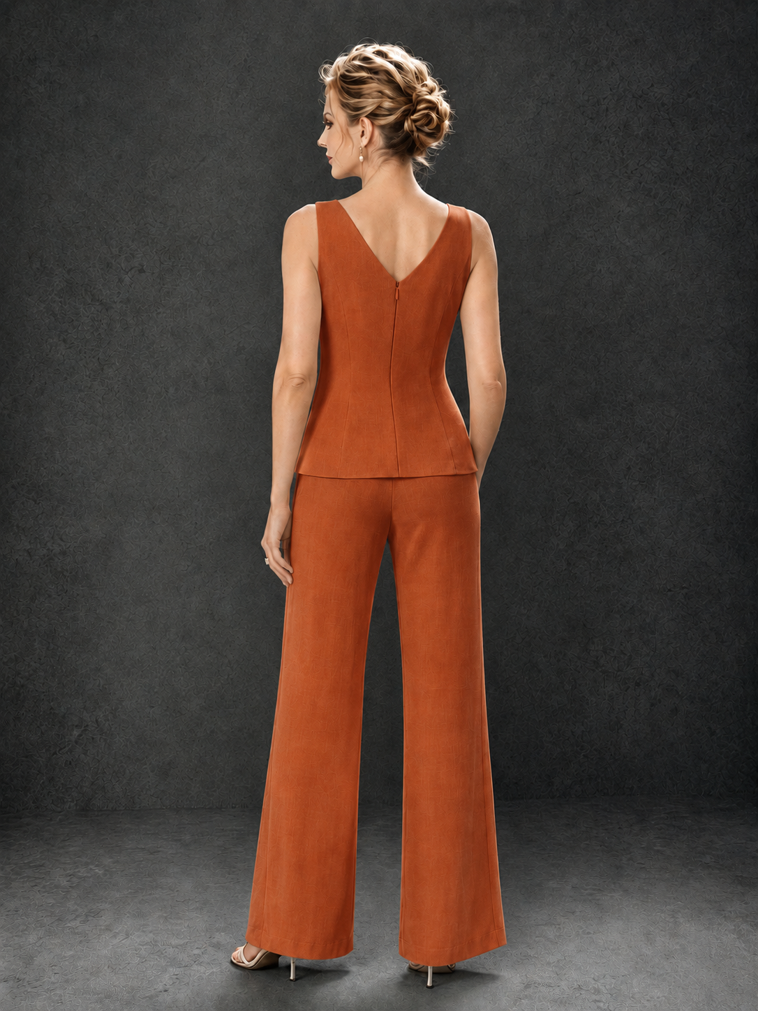 BOLODOO Burnt Orange 3-Piece Mother of the Bride Pant Suit with Beaded Top & Chiffon Jacket - Burnt Orange