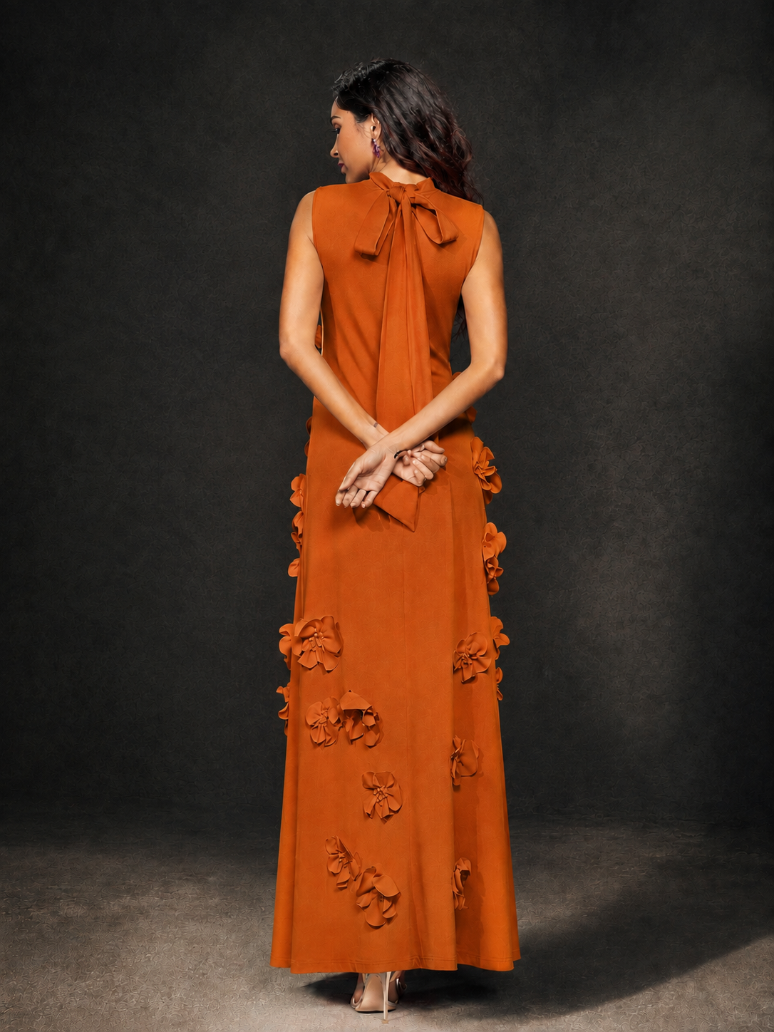 BOLODOO Burnt Orange Mock Neck Sleeveless 3D Floral Appliqué Maxi Dress with Bow Back - Burnt Orange