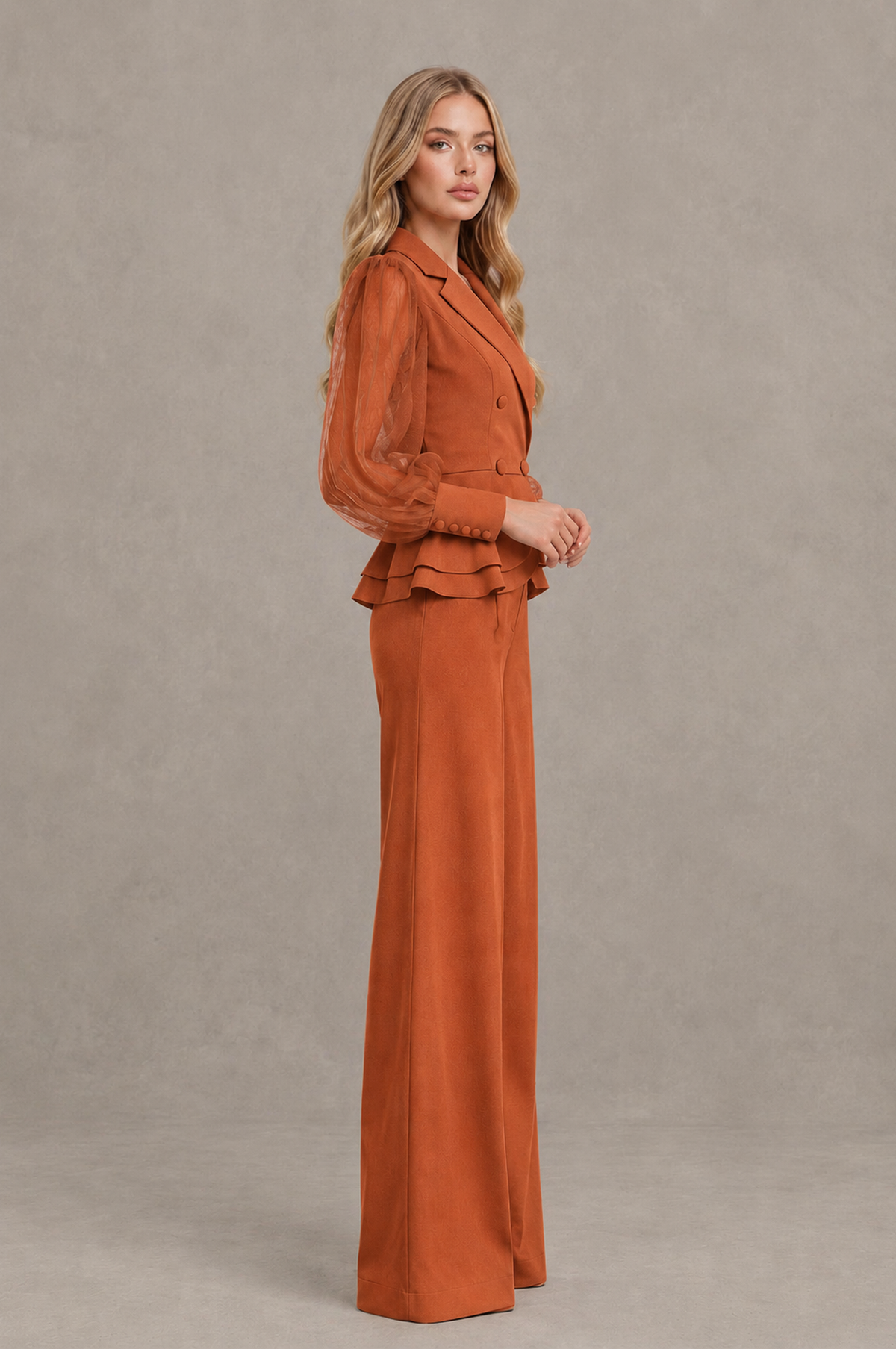 BOLODOO Mint Burnt Orange Peplum Blazer Wide-Leg Pantsuit with Sheer Puff Sleeves - Burnt Orange