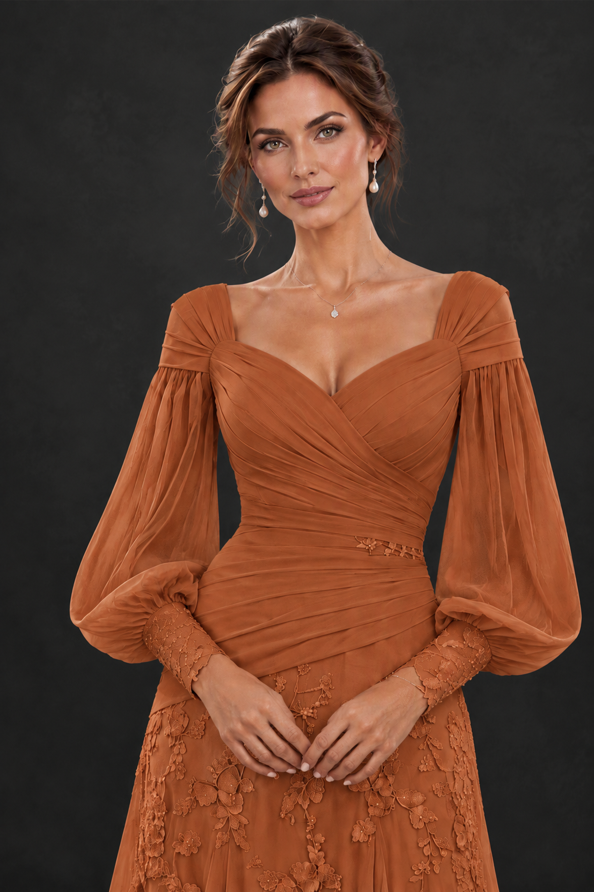 BOLODOO Burnt Orange Long Sleeve Mother of the Bride Dress with Floral Appliqués - Burnt Orange - Burnt Orange (5)