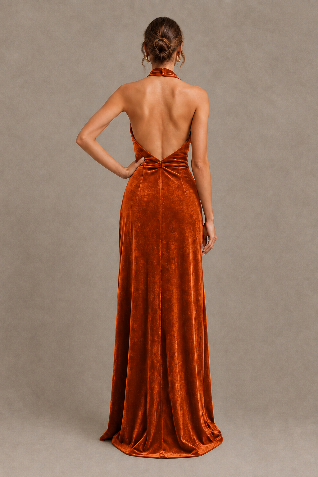 BOLODOO Burnt Orange Velvet Halter Neck Open Back Evening Gown - Burnt Orange