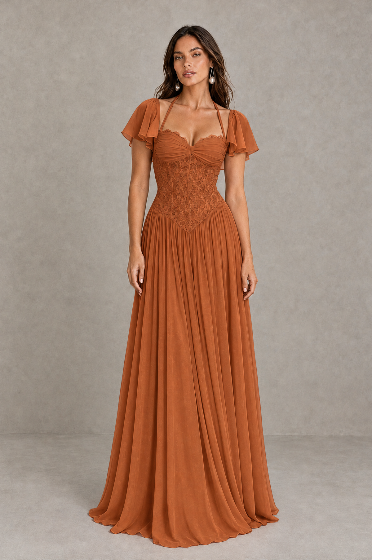 BOLODOO Burnt Orange Flutter Sleeve Lace Corset A-Line Maxi Dress 