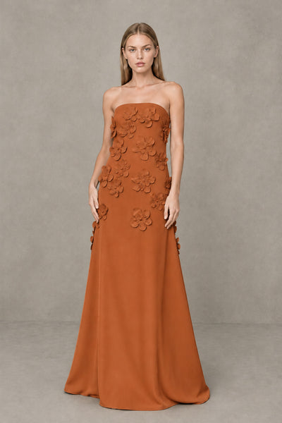 BOLODOO Burnt Orange Strapless 3D Floral Appliqué Crepe Maxi Gown 