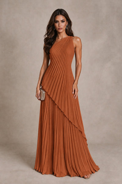 BOLODOO Burnt Orange One-Shoulder Sunburst Pleated Asymmetric Layered Overlay Accordion Pleated Chiffon Maxi Dress 
