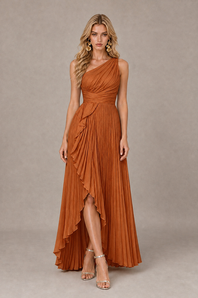 BOLODOO Burnt Orange One-Shoulder High-Low Ruffle Maxi Dress 