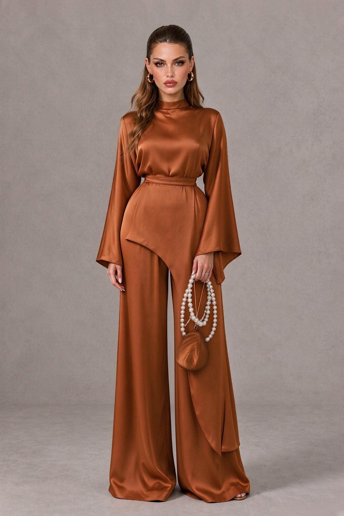 BOLODOO QQ076 burnt orange satin-look wide-leg jumpsuit with high neck and long flared sleeves, front view