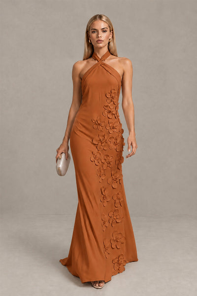 BOLODOO Burnt Orange Cross Halter Neck 3D Floral Appliqué Backless Mermaid Maxi Gown 