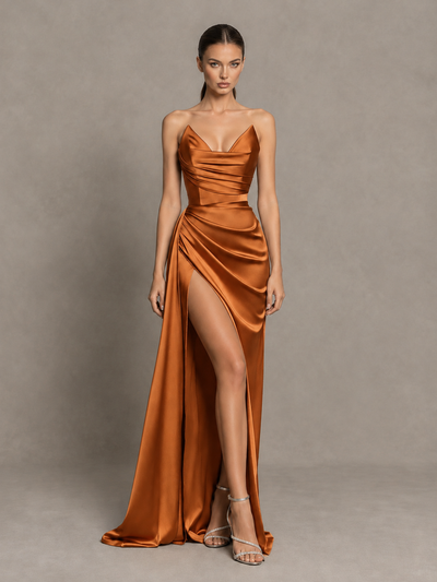 BOLODOO Burnt Orange Strapless Satin High-Slit Lace-Up Prom Dress 