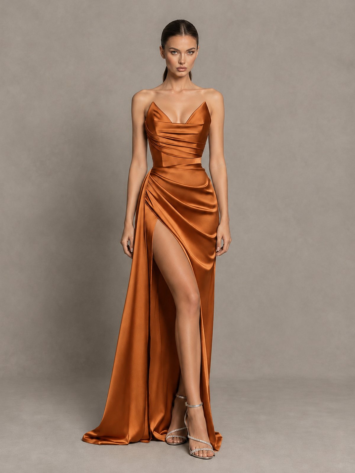 BOLODOO Burnt Orange Strapless Satin High-Slit Lace-Up Prom Dress 