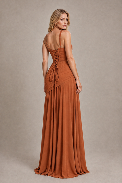BOLODOO Burnt Orange Spaghetti Strap Ruched Maxi Dress – Formal Evening Gown with Slit 
