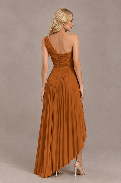 BOLODOO Burnt Orange One-Shoulder High-Low Ruffle Maxi Dress 