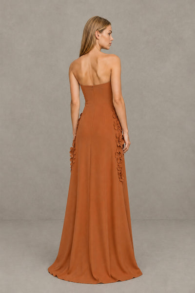 BOLODOO Burnt Orange Strapless 3D Floral Appliqué Crepe Maxi Gown 
