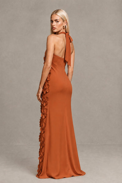 BOLODOO Burnt Orange Cross Halter Neck 3D Floral Appliqué Backless Mermaid Maxi Gown 