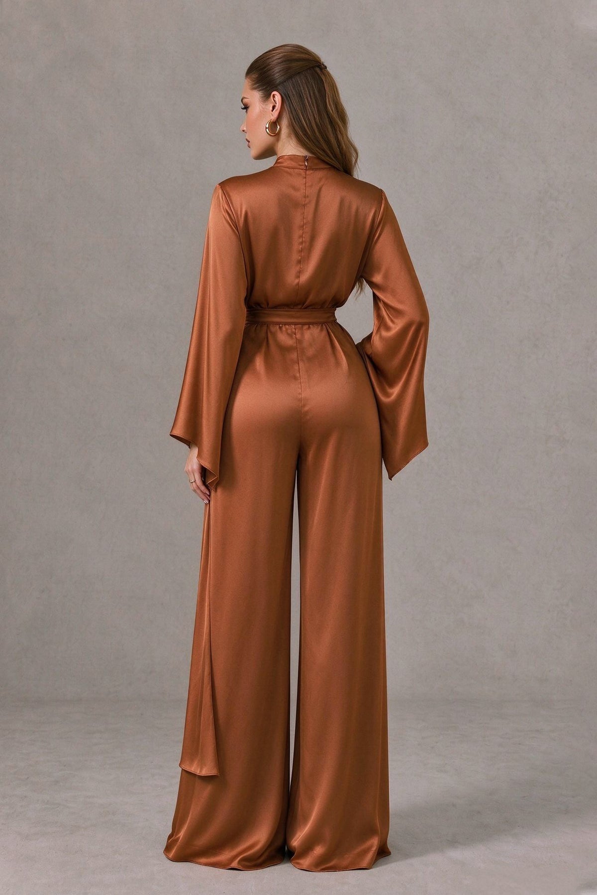 BOLODOO QQ076 burnt orange wide-leg jumpsuit, covered-back view with long flared sleeves