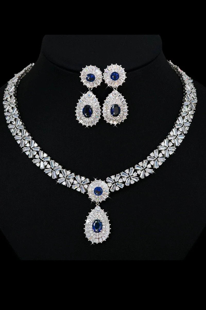 Royal Blue Crystal Necklace Earring Jewelry Set - BOLODOO
