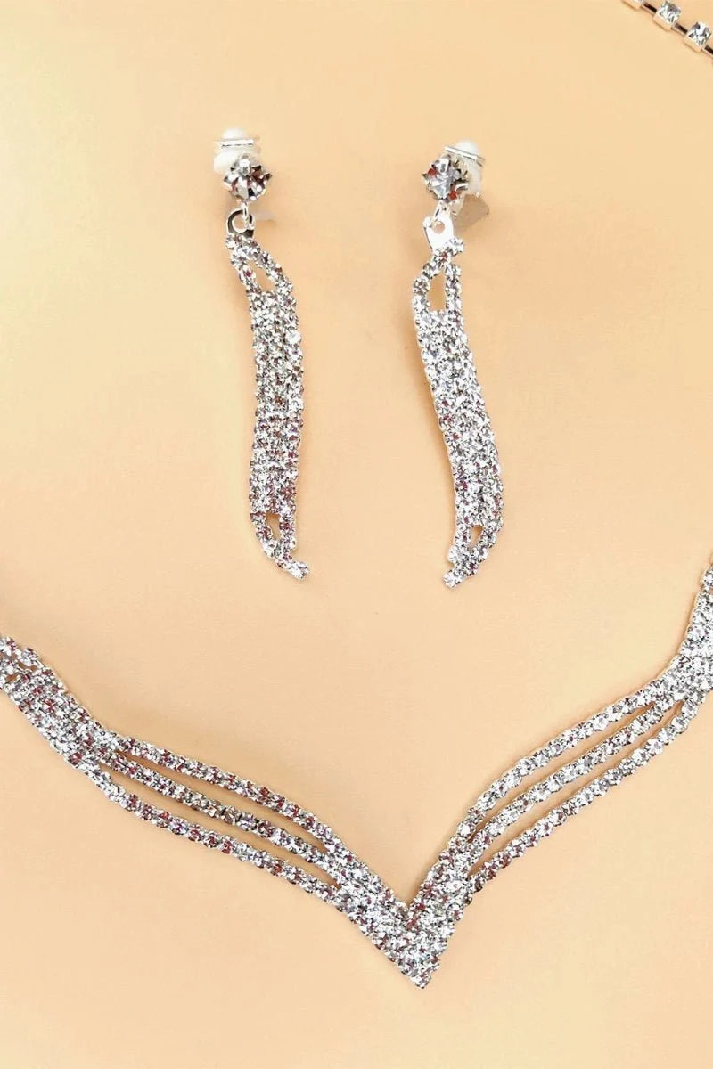 Silver Crystal Necklace Earrings Jewelry Set - BOLODOO