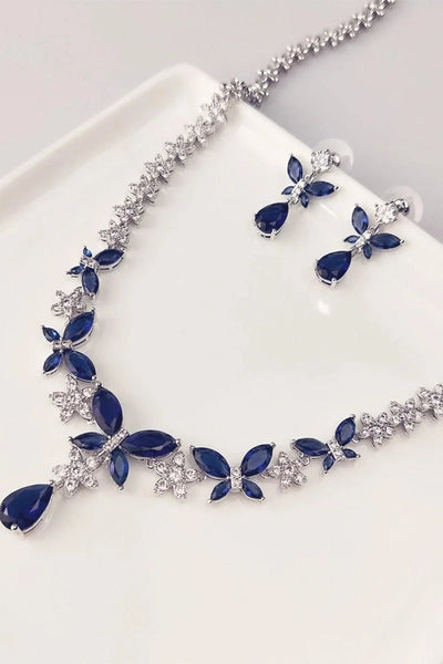 Royal Blue Butterfly Crystal Drop Earrings Necklace Jewelry Set - BOLODOO