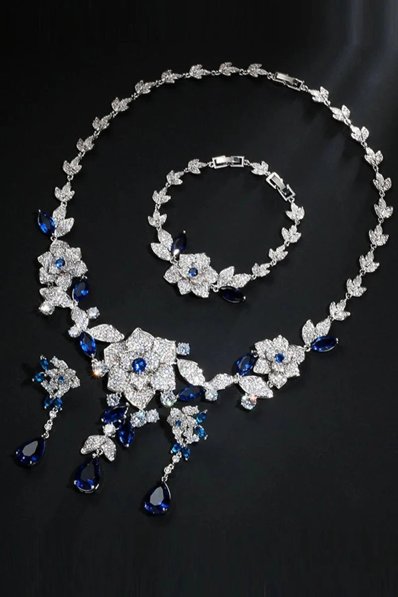Royal Blue Flower Bracelet Necklace Jewelry Set - BOLODOO