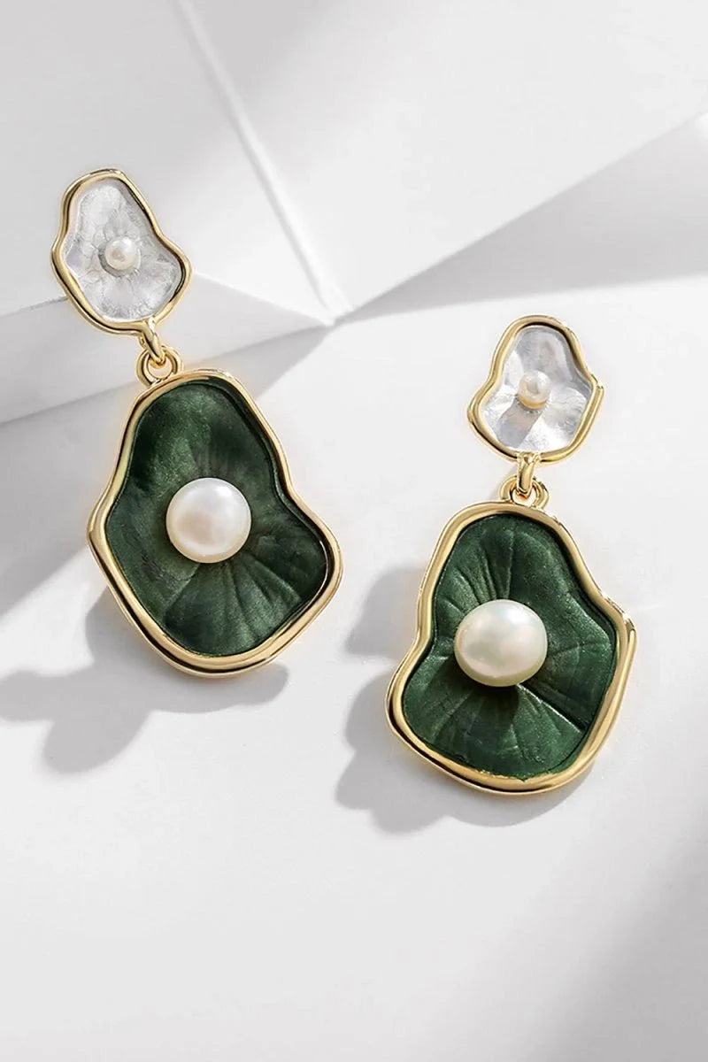 Green Lotus Leaf Pearl Earrings - BOLODOO