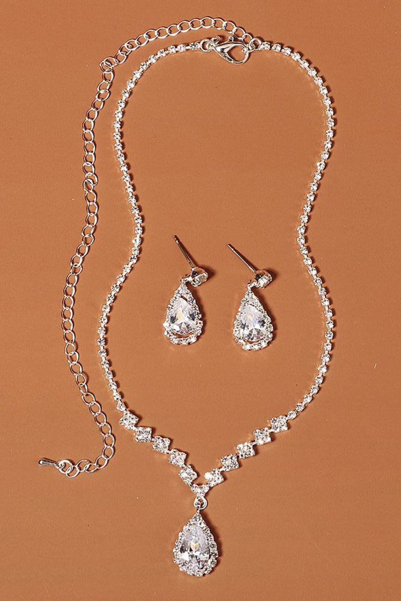 Rhinestone Drop Bridal Earrings Necklace Set - BOLODOO