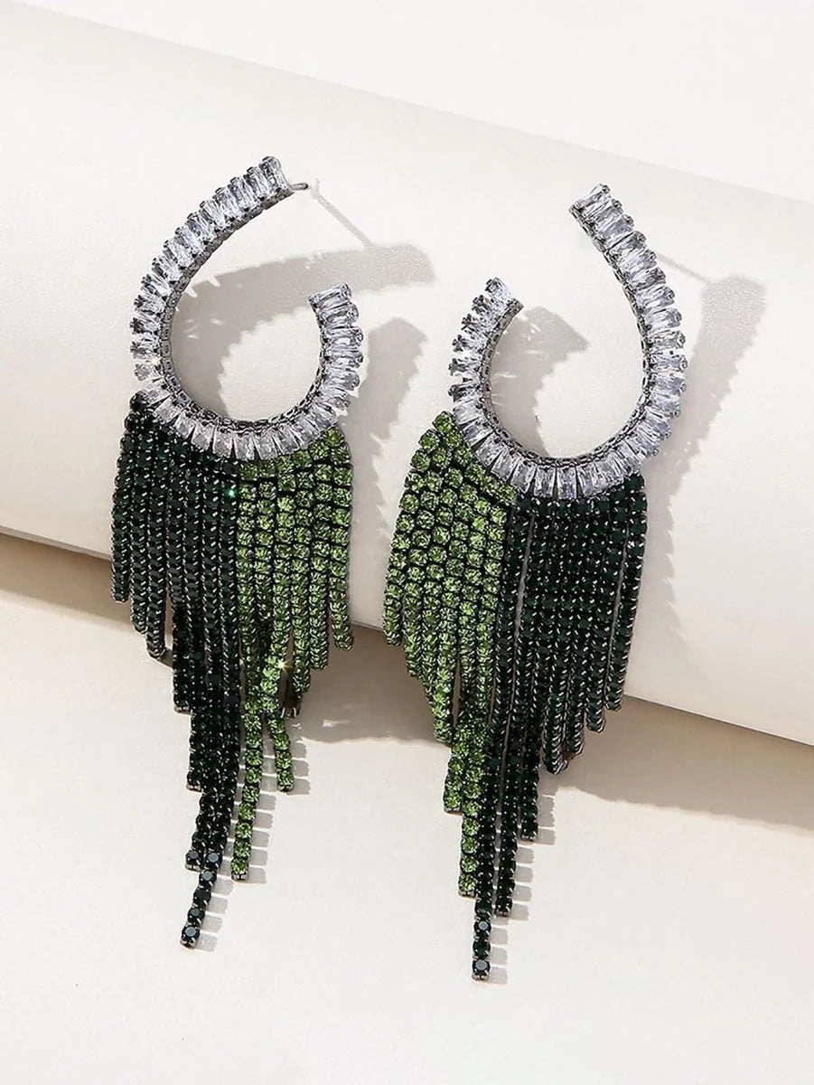 Green Statement Rhinestones Tassel Long Earrings - BOLODOO