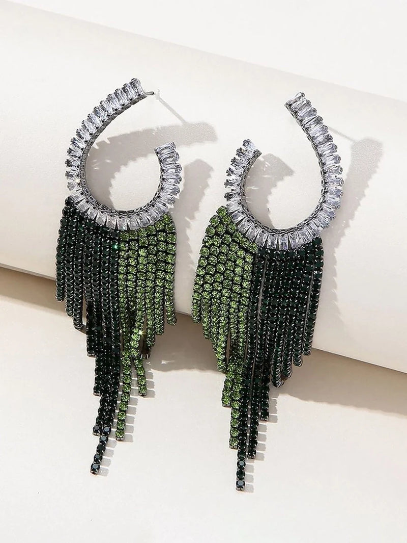 Green Statement Rhinestones Tassel Long Earrings - BOLODOO