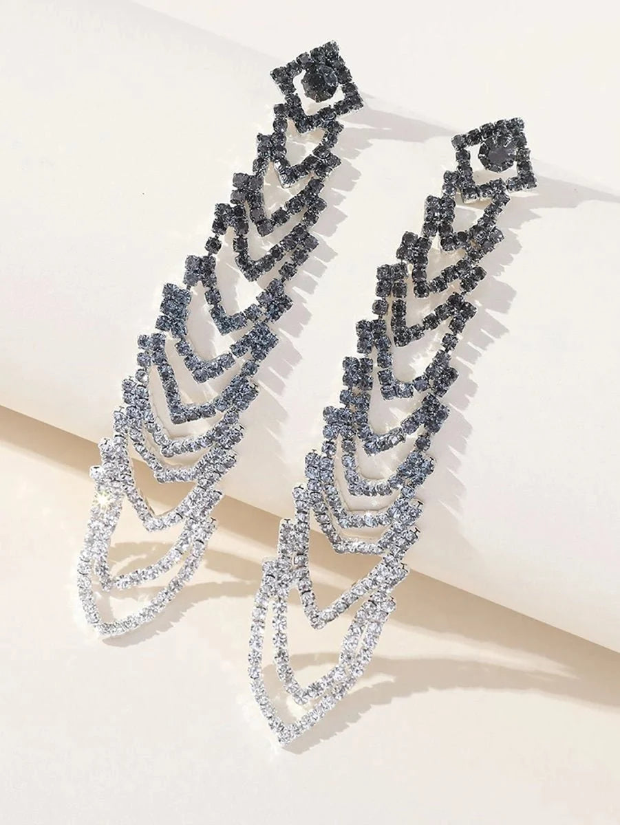 Gray Gradient Rhinestones Tassel Long Chain Earrings - BOLODOO