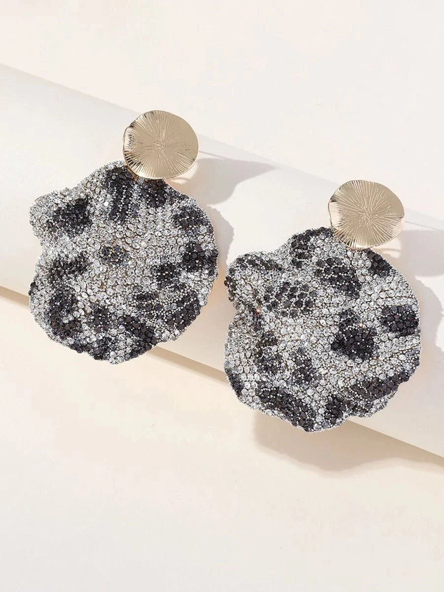 Gray Leopard Print Rhinestones Round Earrings - BOLODOO