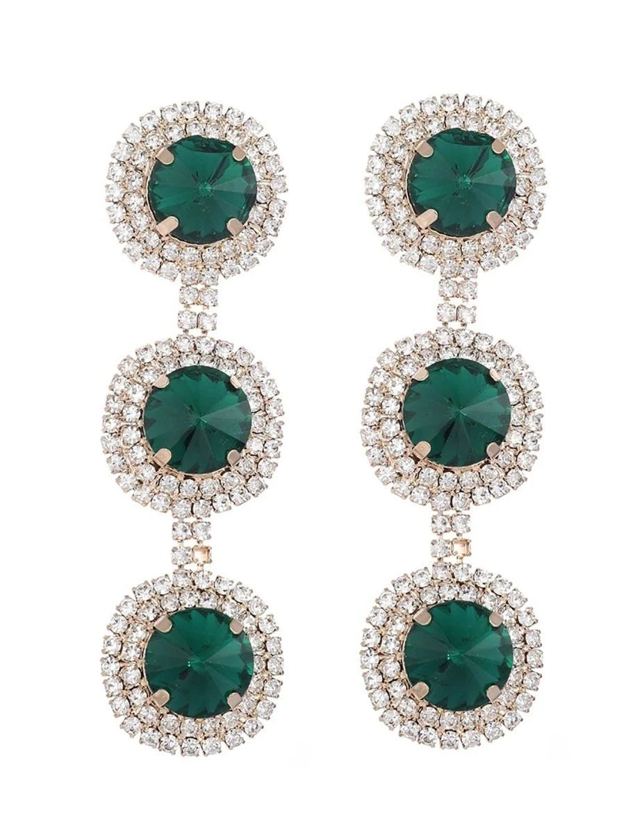Royal Blue Rhinestones Long Round Earrings