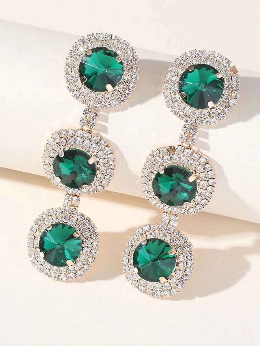 Royal Blue Rhinestones Long Round Earrings