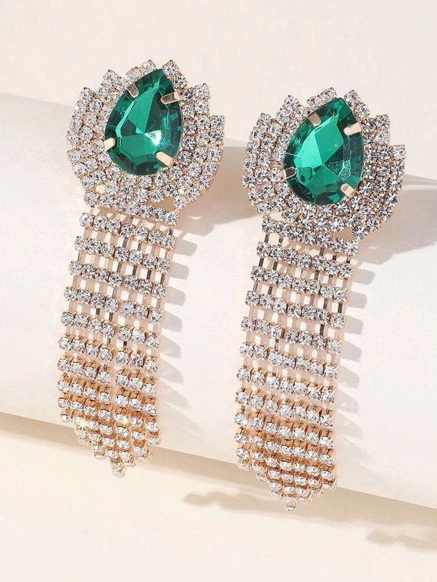 Green Teardrop Rhinestones Tassel Long Earrings - BOLODOO