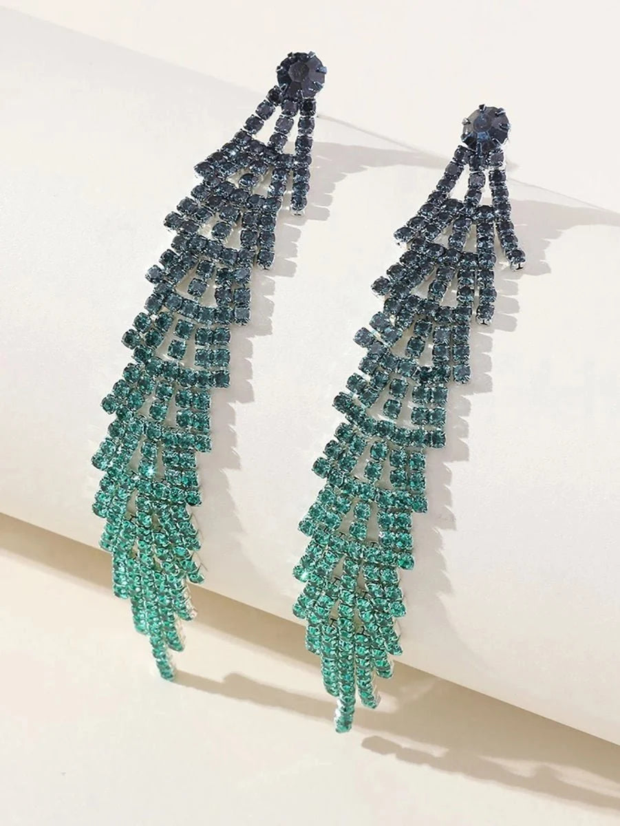 Green Gradient Rhinestones Tassel Long Chain Earrings - BOLODOO