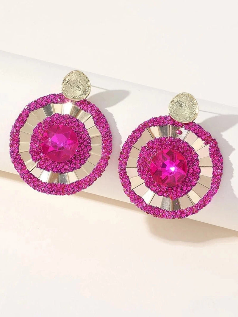 Fuchsia Flower Rhinestones Round Earrings - BOLODOO