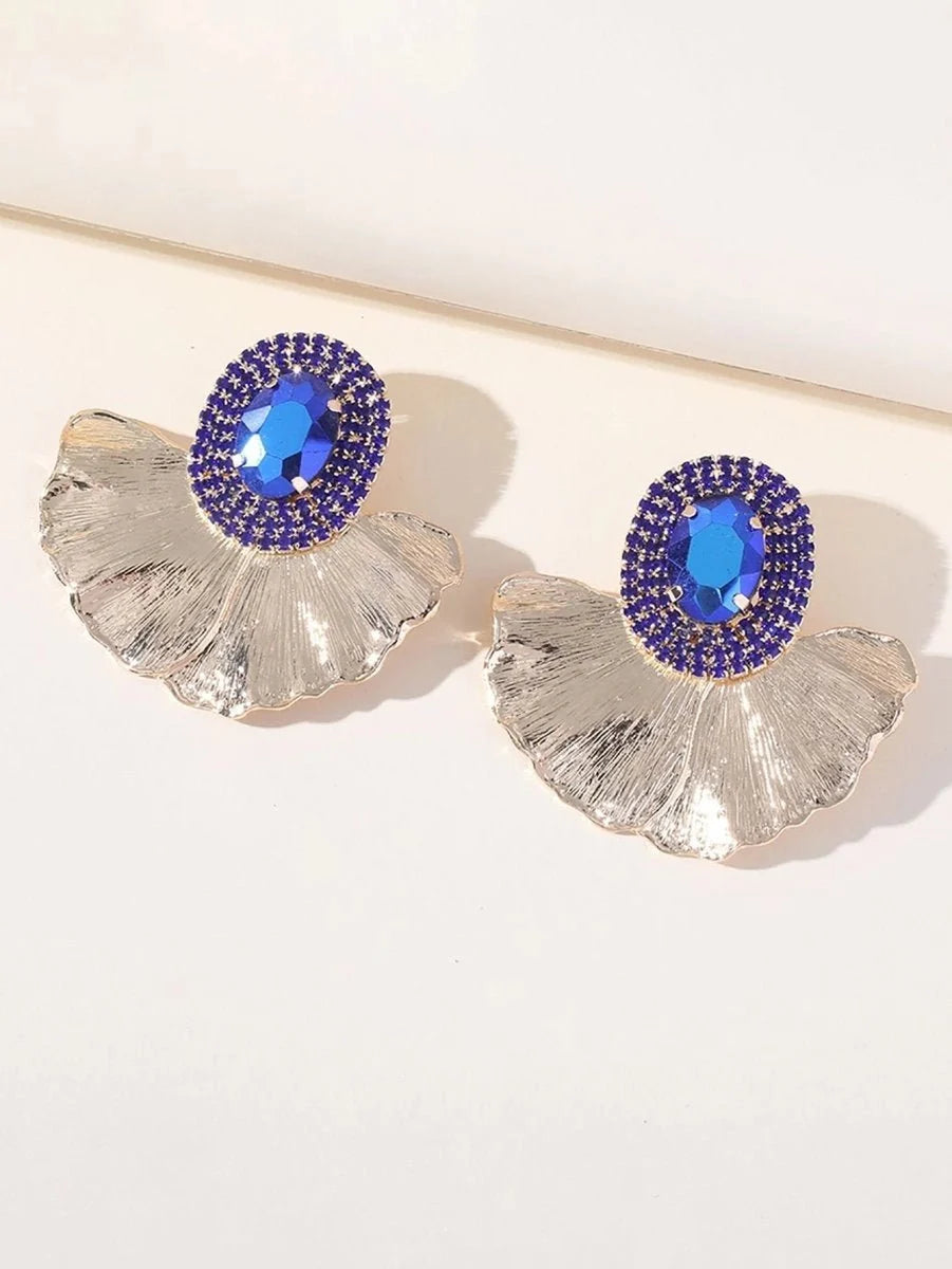 Royal Blue Rhinestones Leaf Floral Oval Earrings - BOLODOO
