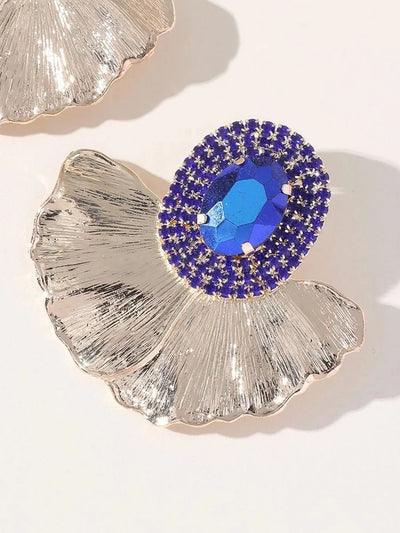 Royal Blue Rhinestones Leaf Floral Oval Earrings