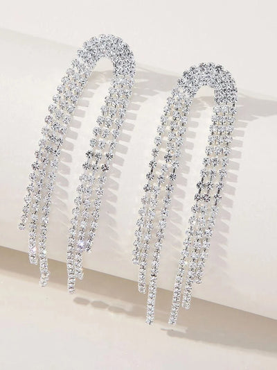 Tassel Silver Rhinestones Long Chain Earrings - BOLODOO