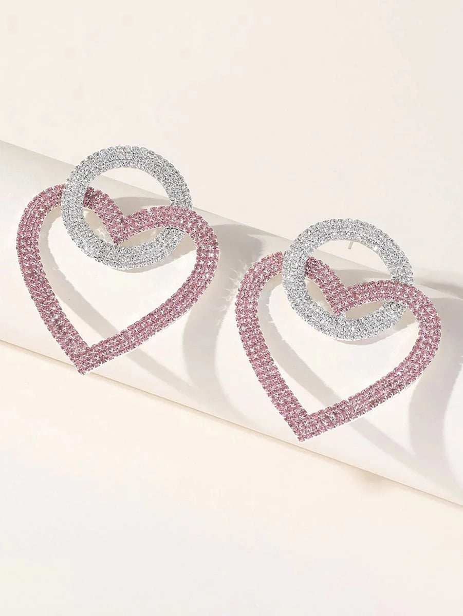 Pink Rhinestones Heart Hoop Earrings - BOLODOO