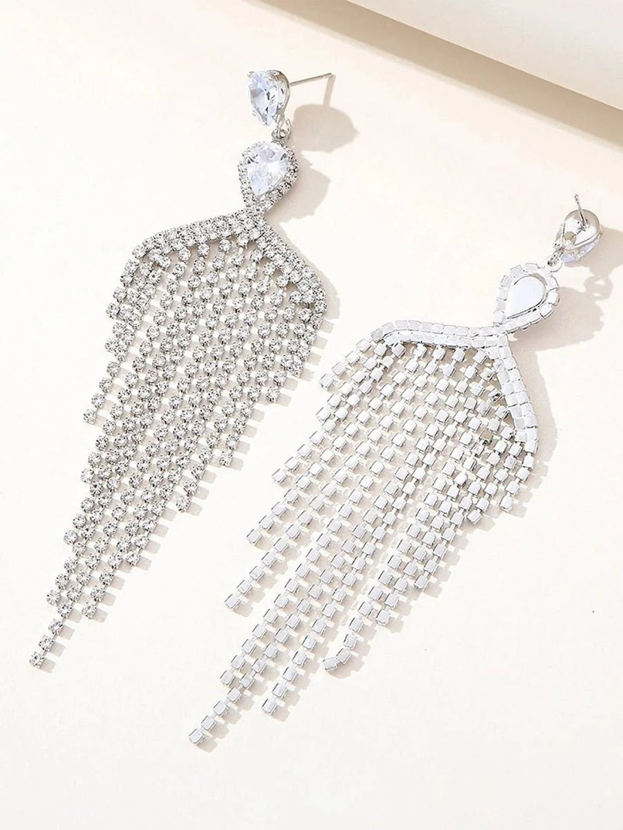 Silver Dangle Simple Rhinestones Tassel Long Earrings - BOLODOO