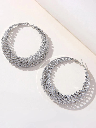 Silver Rhinestones Cutout Hoop Earrings - BOLODOO