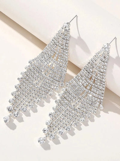 Tassel Silver Dangle Simple Rhinestones Long Earrings - BOLODOO