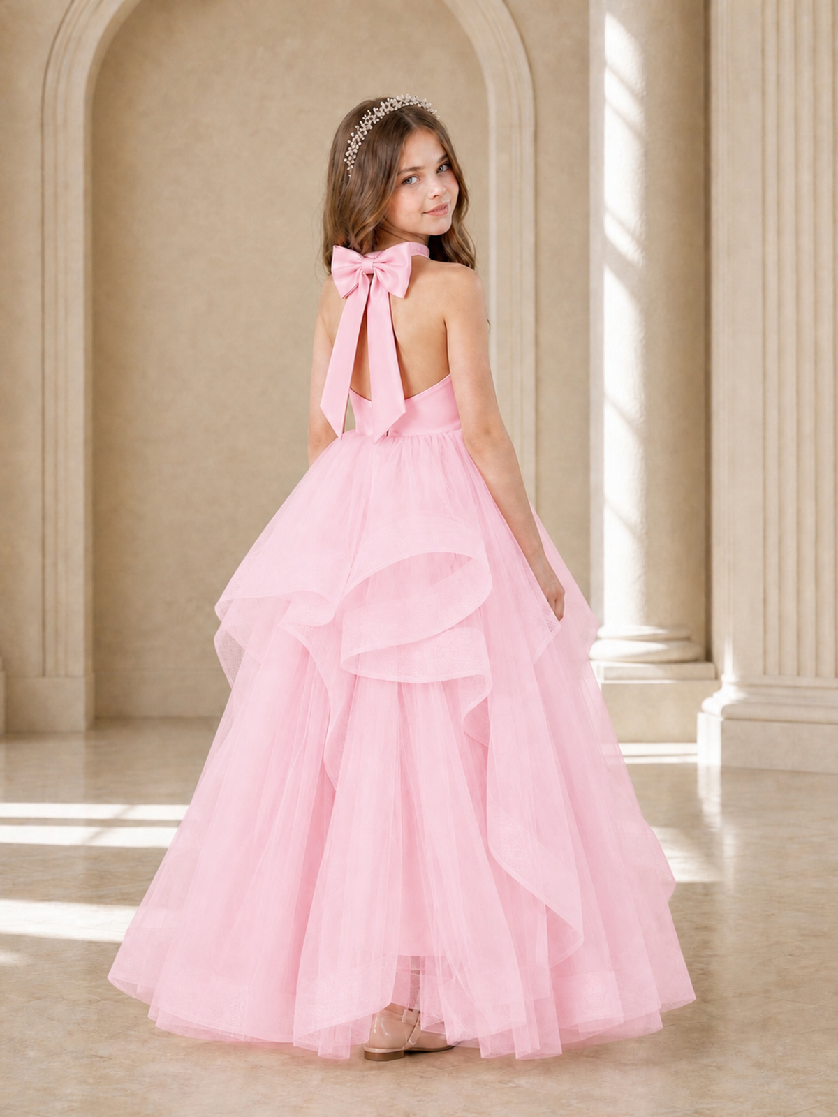 BOLODOO Candy Pink Halter Tiered Tulle Flower Girl Dress with Bow Back - Candy Pink - Candy Pink_1