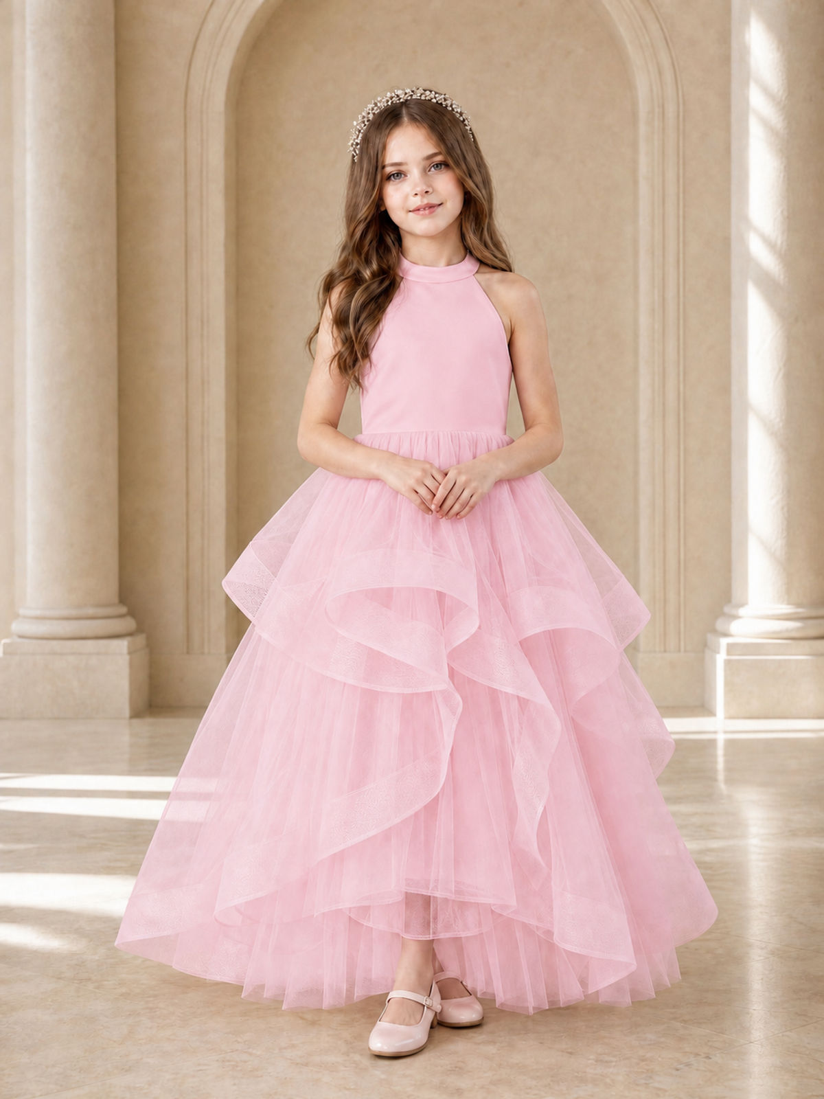 BOLODOO Candy Pink Halter Tiered Tulle Flower Girl Dress with Bow Back - Candy Pink - Candy Pink_2